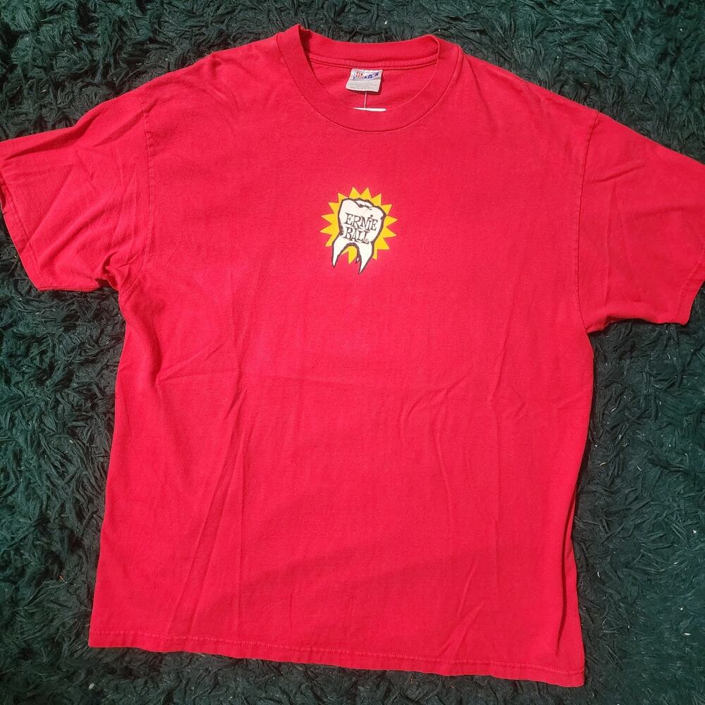 Vintage Ernie Ball Cartoon Face Tee Red XL 90s Graphic Shirt Music Promo 23x30